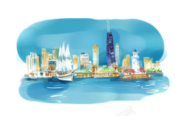 城市观光海滨城市水彩画背景素材高清图片