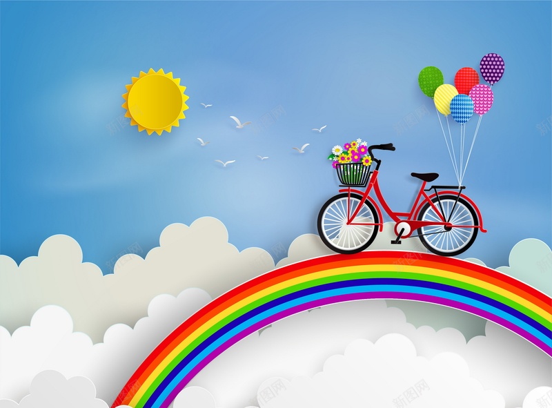 彩虹上的单车背景素材jpg设计背景_88icon https://88icon.com 花 风景 天空 单车 彩虹 彩虹上的单车 气球束 太阳 云朵 海报 平面 广告 背景 矢量 AI 素材 模板