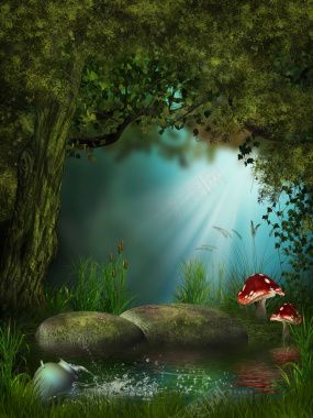 魔幻童话蘑菇绿色背景背景