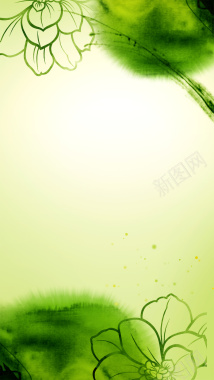 墨迹荷花绿色水彩古典H5背景素材背景