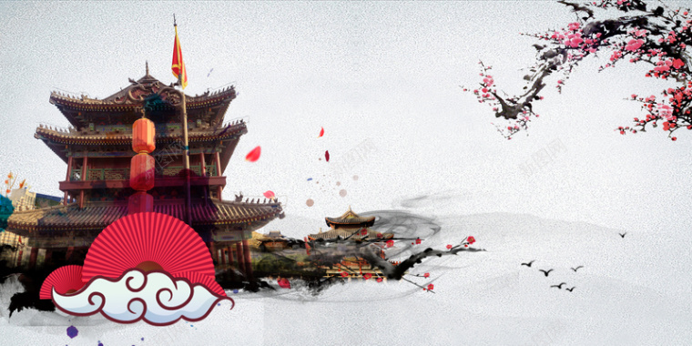 中国风水墨西安鼓楼旅游广告海报背景素材背景