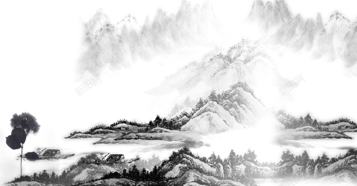 黑白水墨大气山水中国风背景画背景