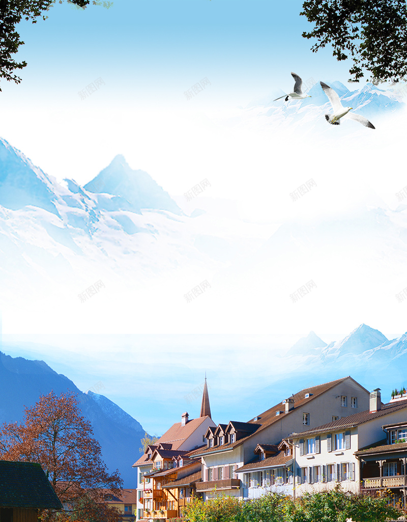 瑞士蓝色简约旅游宣传海报psd设计背景_88icon https://88icon.com 浅蓝色天空 冬季旅游 瑞士海报 旅行社 热气球 瑞士景点 瑞士金古桥 国外游