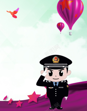卡通警察热气球绿色背景素材背景
