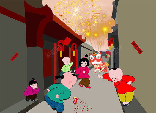 中国风春节孩童在弄堂里放鞭炮背景素材背景