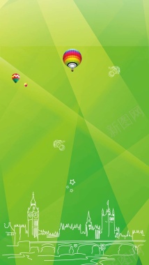 绿色都市扁平热气球PSD分层H5背景素材背景