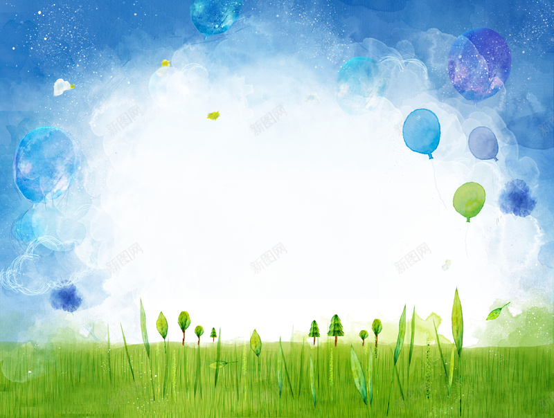 绿色手绘草地背景psd设计背景_88icon https://88icon.com 绿色 手绘 草地 草原 树木 天空 气球 水彩 卡通 童趣