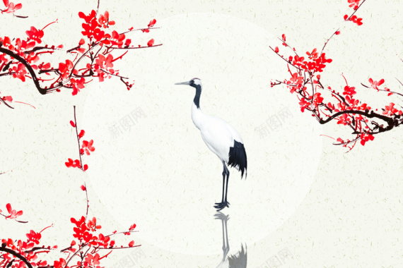 中国风水墨驻立在梅花中的仙鹤背景素材背景