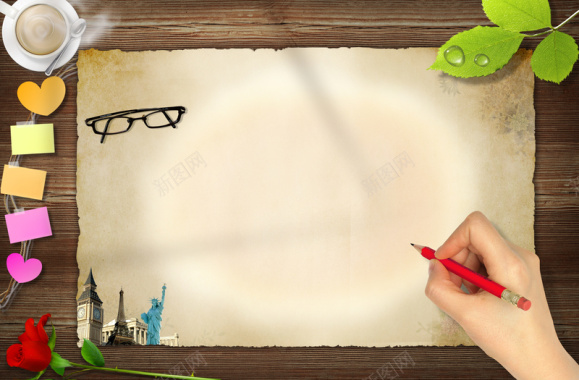 文艺手写信纸眼镜便利贴玫瑰咖啡叶子背景背景