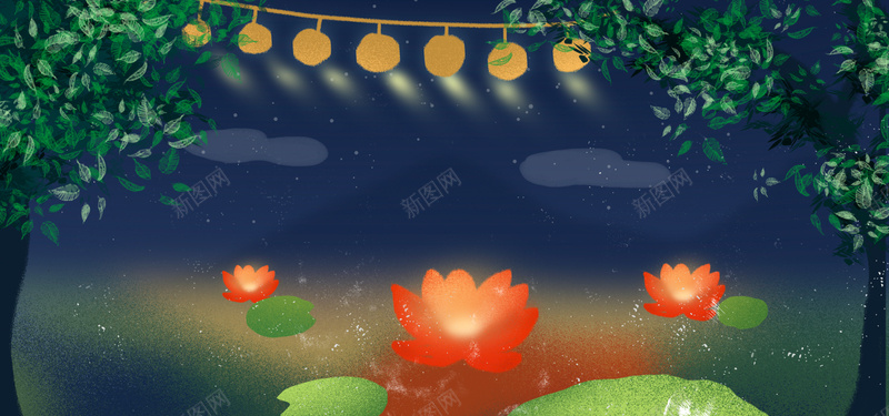 中元节鬼节放河灯节日插画banner海报jpg设计背景_88icon https://88icon.com 中元节 放河灯 插画 河灯 鬼节 莲花灯 河流 花灯 荷叶 树叶