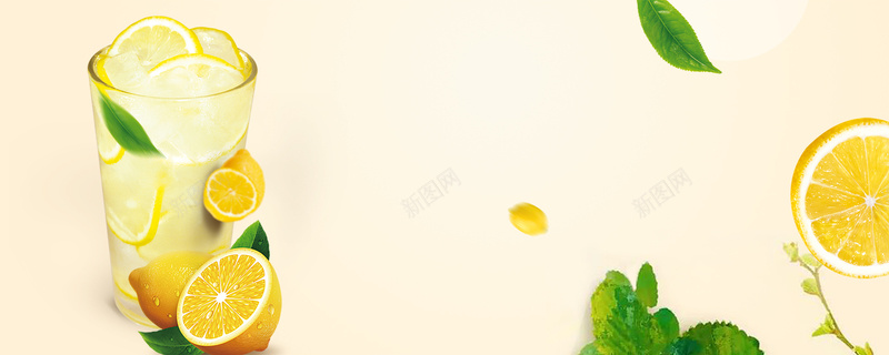 柠檬果汁小清新绿叶黄色背景背景