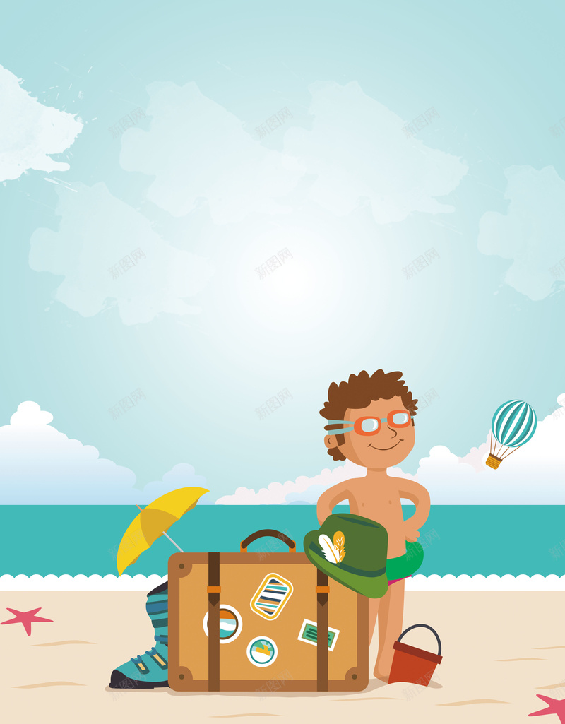 创意暑假夏令营海报背景psd设计背景_88icon https://88icon.com 海报设计 夏令营 创意 卡通 暑假 海滩 男孩 热气球