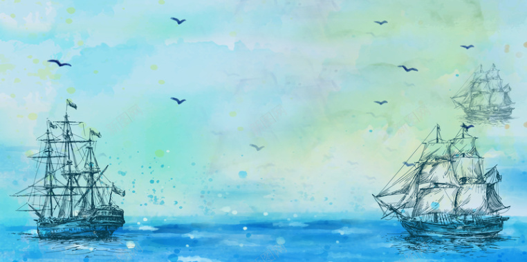 蓝色清新手绘背景扬帆起航商业户外背景素材背景