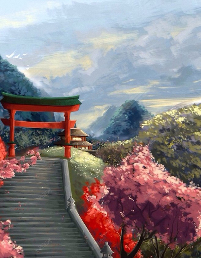 水彩风景H5素材jpg设计背景_88icon https://88icon.com 水彩画 红花 亭子 台阶 远山 草地 开心 卡通 童趣 手绘