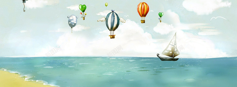 卡通童趣热气球背景jpg设计背景_88icon https://88icon.com 热气球 卡通 天空 海滩 童趣 海报banner 手绘