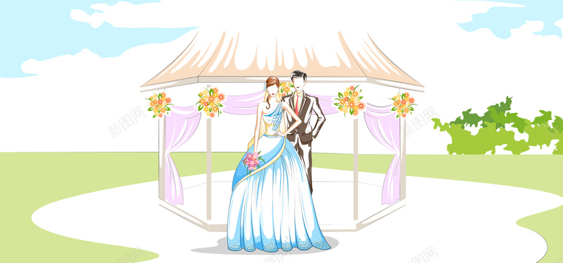 舞台婚礼手绘卡通彩色banner背景背景