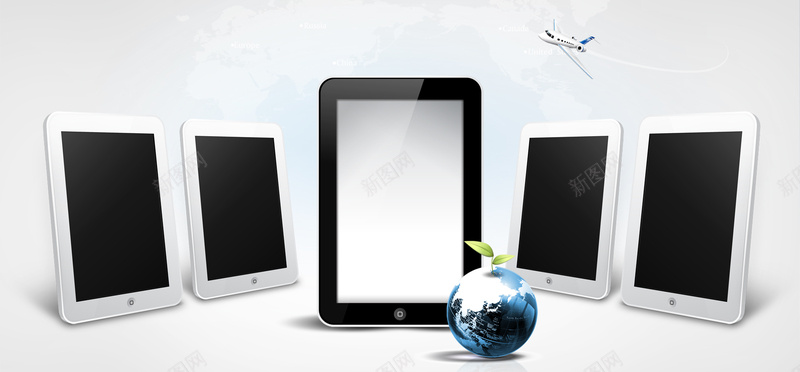 淘宝家电数码平板电脑飞机地球树叶灰色海报背景