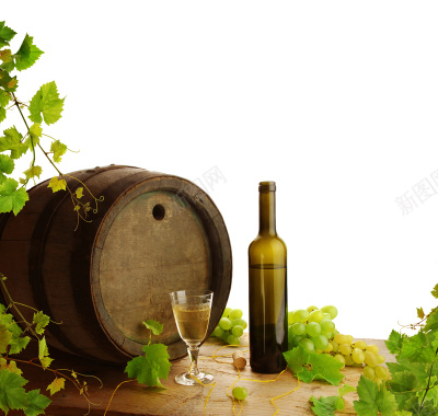 橡木桶与酒瓶绿叶背景素材背景
