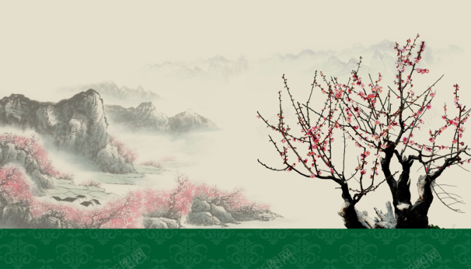 水墨桃花中国风壁画海报背景素材背景