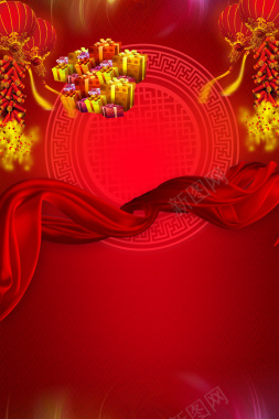 中国风红色鞭炮丝绸开年大促背景素材背景