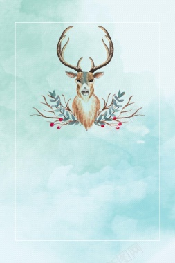 圣诞节小鹿绿色系水彩手绘海报背景