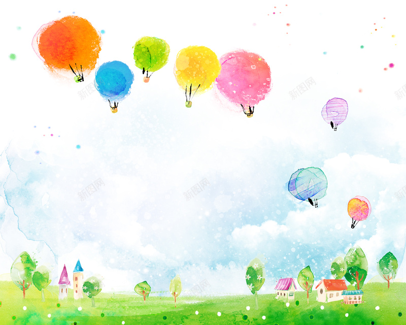 手绘彩色热气球背景psd设计背景_88icon https://88icon.com 热气球 彩色 手绘 草地 蓝天 树木 水彩 卡通 童趣