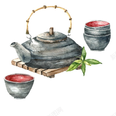 水彩绘茶壶和茶杯矢量素材背景