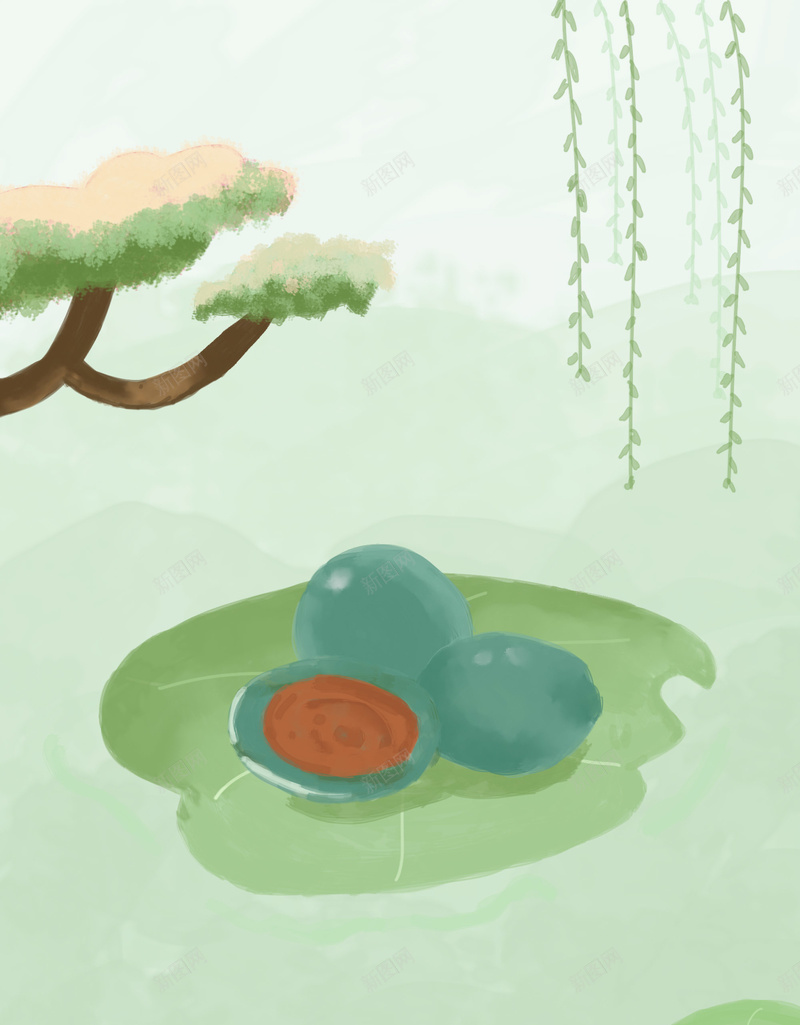 绿色寒食节插画海报psd设计背景_88icon https://88icon.com 水彩插画 寒食节 手绘 荷叶 青团 柳叶 树 餐饮美食 清明 春季