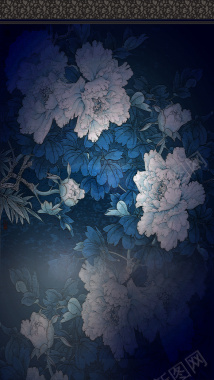 深蓝色水墨花卉H5背景素材背景