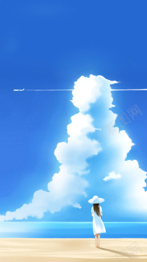 卡通人物背景白色云朵飞机背景