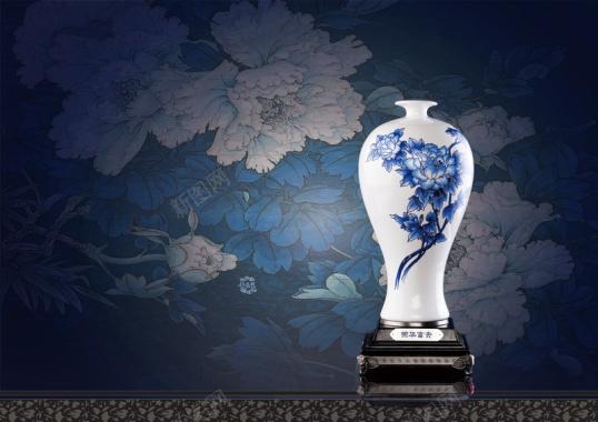 牡丹底纹蓝色牡丹花瓶印刷背景背景