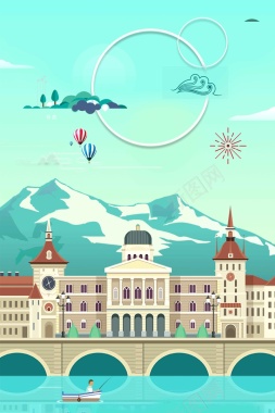 扁平卡通大气瑞士旅游蓝色背景背景