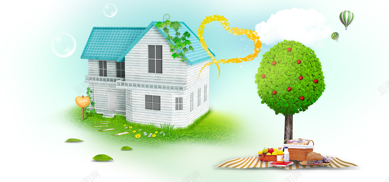 绿色苹果屋psd设计背景_88icon https://88icon.com 海报banner 绿色房子 热气球 苹果树 卡通 童趣 手绘