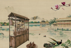 庭院花卉中国风古典园林水墨画平面广告高清图片