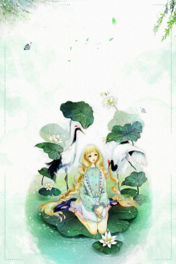 荷塘月色工笔绿色水彩插画荷花小暑背景素材高清图片
