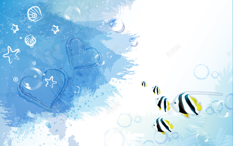 蓝色手绘热带鱼背景psd设计背景_88icon https://88icon.com 热带鱼 圆圈 手绘 泡泡 蓝色 海星 水彩 卡通 童趣
