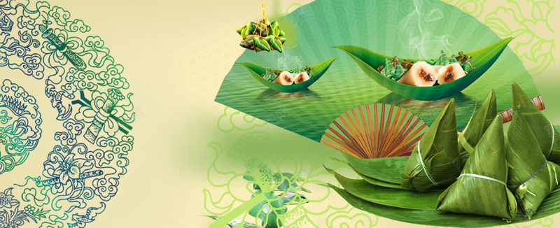 中国风折扇粽子绿色背景素材背景
