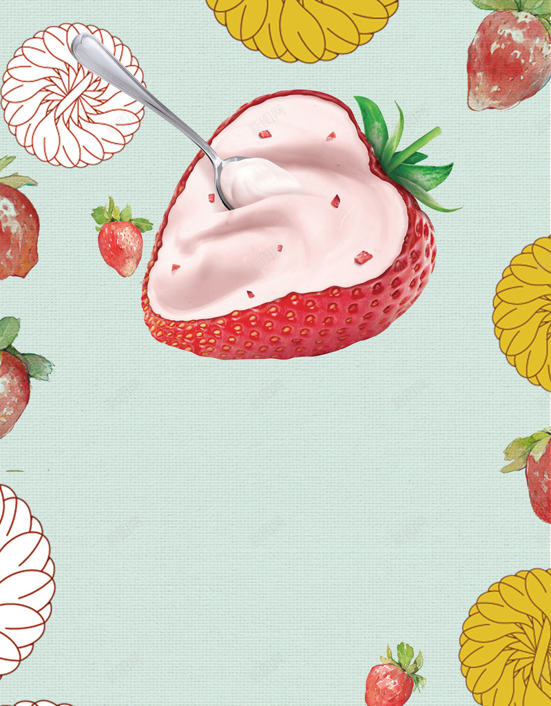 卡通矢量草莓酸奶海报背景psd设计背景_88icon https://88icon.com 酸奶海报 草莓酸奶 水彩草莓 勺子酸奶 红色花底纹 大红草莓 草莓矢量素材 布纹格子底纹 酸奶宣传