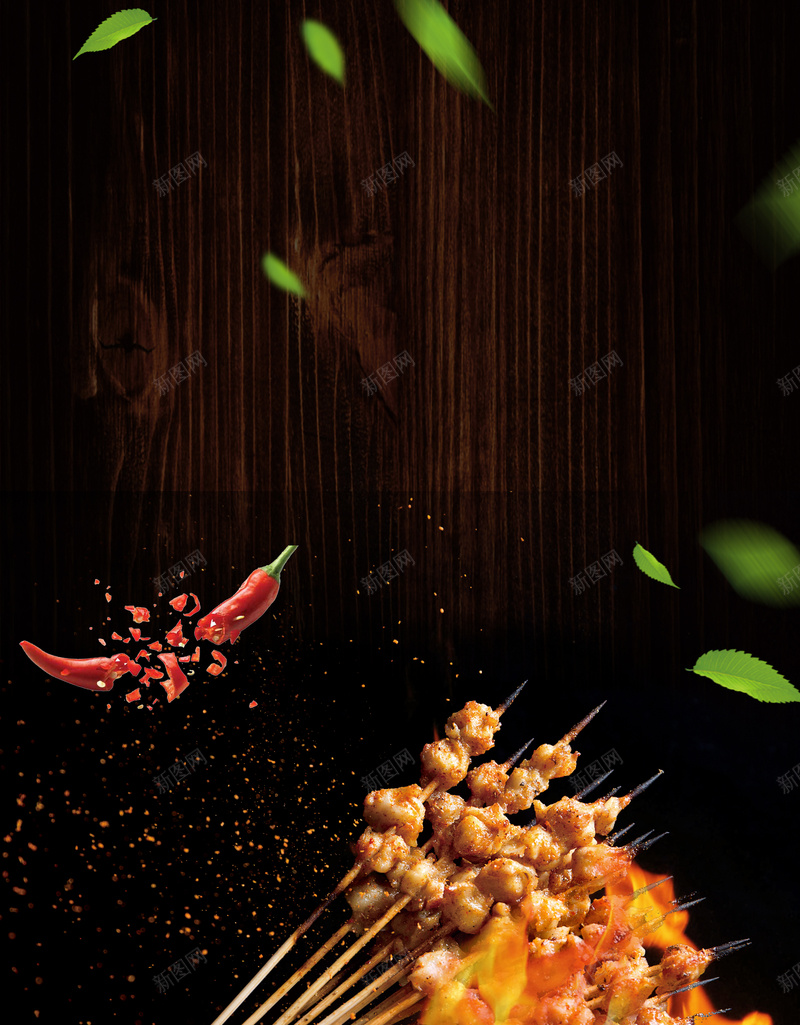 黑色背景简约风格烧烤海报psd设计背景_88icon https://88icon.com 烧烤海报 餐饮海报 黑色背景 叶子 辣椒 风味烧烤海报 美食 美味