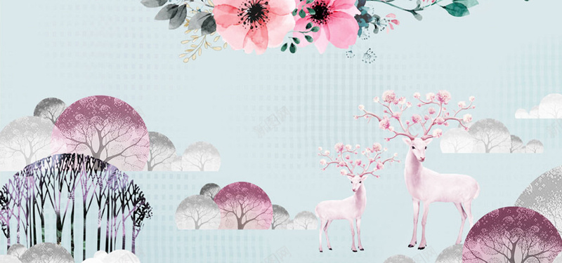 欧式手绘水彩花卉鹿树林背景墙壁画背景
