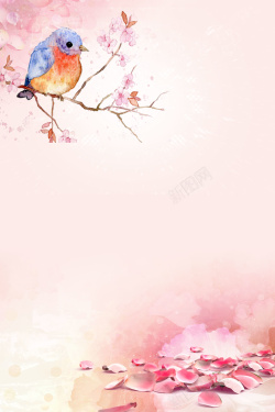 春季旅行粉色浪漫手绘桃花节花卉小鸟水彩背景高清图片