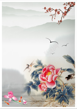 中国风工笔牡丹花开素雅背景背景