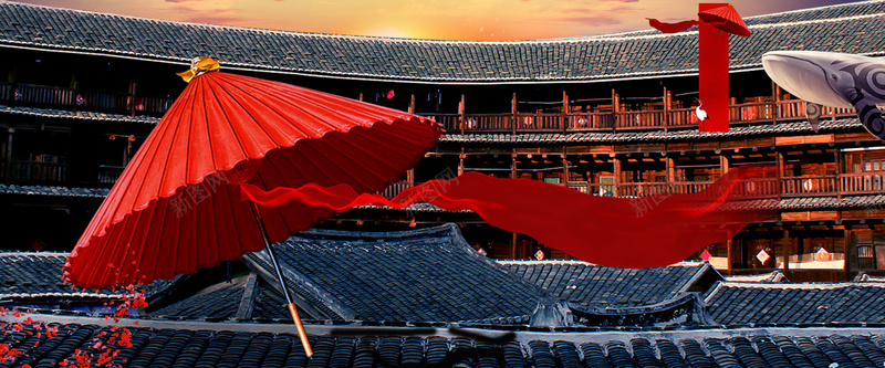 中国风红伞飘带背景psd设计背景_88icon https://88icon.com 中国风 红伞 飘带 建筑 红梅 海报banner