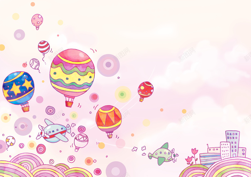 空中气球卡通高清背景jpg设计背景_88icon https://88icon.com 宇宙飞船 热气球 卡通 白色 童趣 粉色开心 手绘