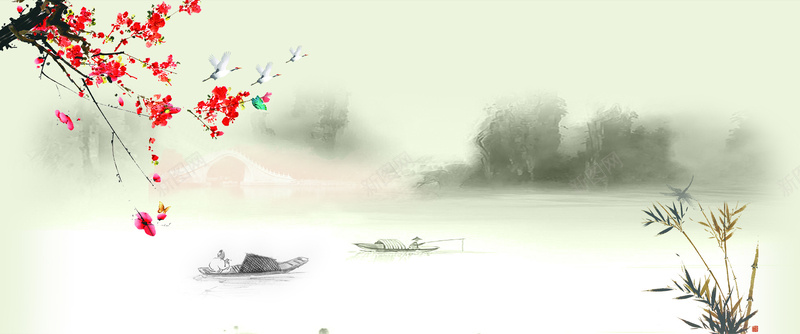 水墨风景图psd设计背景_88icon https://88icon.com 红梅 水墨 山水 小桥 流水 psd 白色