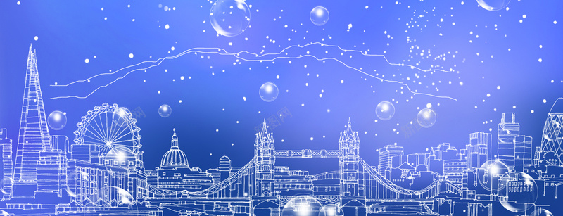 蓝色气泡线描城市巴黎背景背景