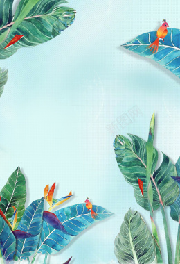 蓝色简约手绘植物彩色树叶设计海报背景