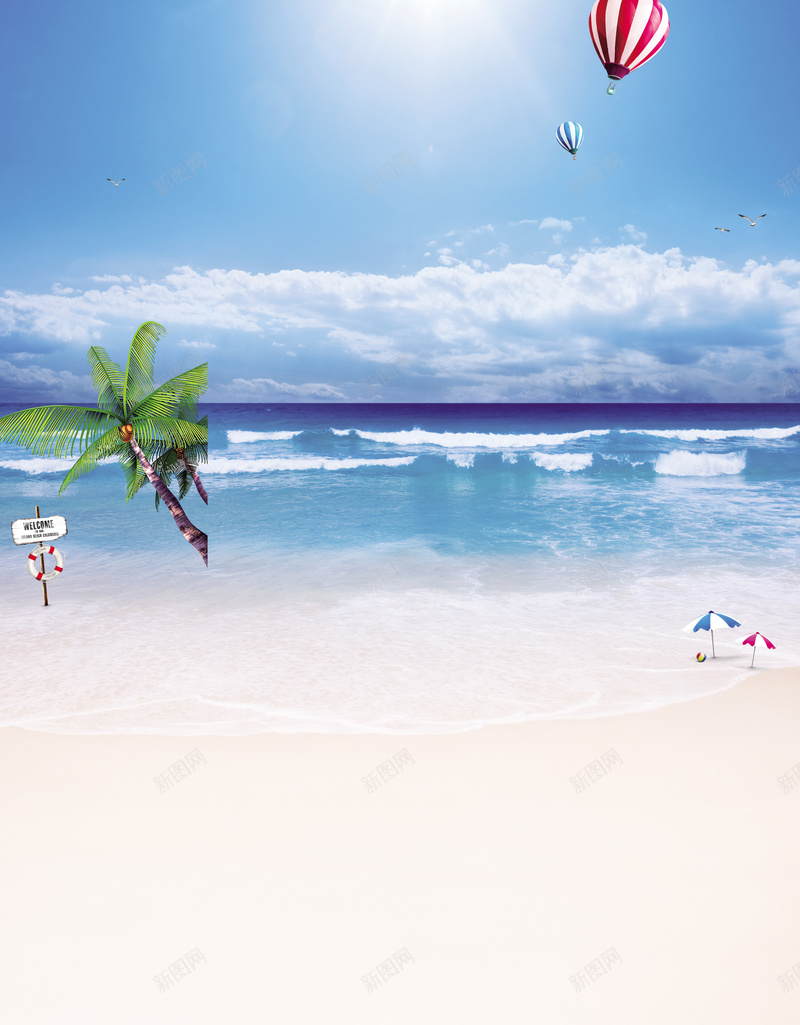 夏日小清新沙滩背景素材psd设计背景_88icon https://88icon.com 小清新 椰子树 夏日 沙滩 海滩 旅游 旅行 风景 热气球 蓝天 白云 背景 阳光