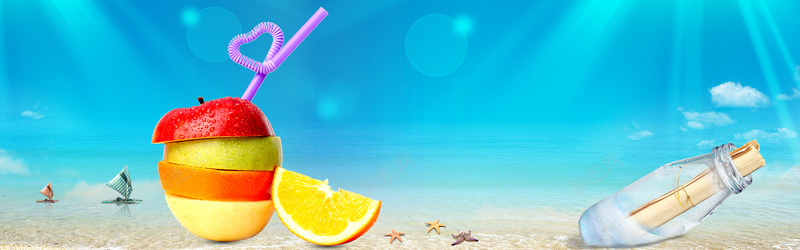 夏季清凉创意背景psd设计背景_88icon https://88icon.com 创意水果 海水 蓝天 气泡 夏季沙滩 云朵 海报banner 文艺 小清新 简约