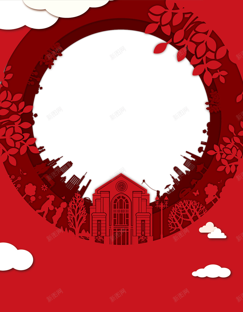 红色创意城市剪纸背景jpg设计背景_88icon https://88icon.com 剪纸 房屋 植物 白云 质感 创意 几何 扁平 背景 素材 开心